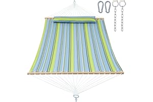 GAFETE Double Quilted Fabric Tree Hammock with Spreader Bar, 14ft Hammocks 2 Person for Outside, Fits 12ft -14ft Hammock Stand, Large Pillow & Side Pockets & Carabiners, Max 475 lbs Capacity (Spring)