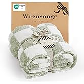 WRENSONGE Checkered Throw Blanket, Sage Green Soft Cozy Fluffy Hand Made Throw Blankets for Couch, Sofa, Chair, Bed, Camping, Picnic, Travel Lightweight Bed Blankets for Women Mothers Birthday Gifts