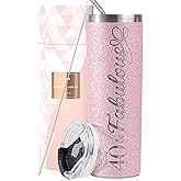 Onebttl 40th Birthday Gifts for Women, Female, Her, 40 and Fabulous, 20oz/590ml Stainless Steel Insulated Glitter Tumbler, Glitter Rose Gold
