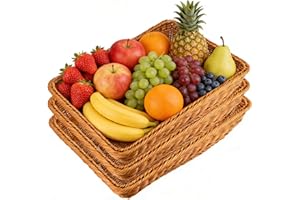 HEIHAK 3 PCS 16 Inch Poly-Wicker Bread Baskets, Woven Tabletop Food Serving Basket Organizer Tray, Rectangular Imitation Ratt