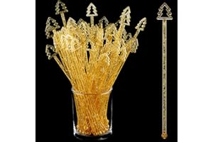 Tioncy 60 Christmas Drink Stirrers Christmas Coffee Stirrers Bulk Christmas Tree Top Swizzle Sticks Plastic Drink Stirrers Glitter Swizzle Sticks for Drinks Bar Christmas Party (Gold)