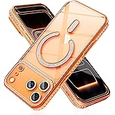 Doulings Magnetic Glitter Diamond for iPhone 17 Pro Max Case[Compatible with MagSafe]Sparkle Rhinestone Camera Lens Protector Plated,Crtstal Clear Slim Military Drop Shockproof Cover for Women,Orange