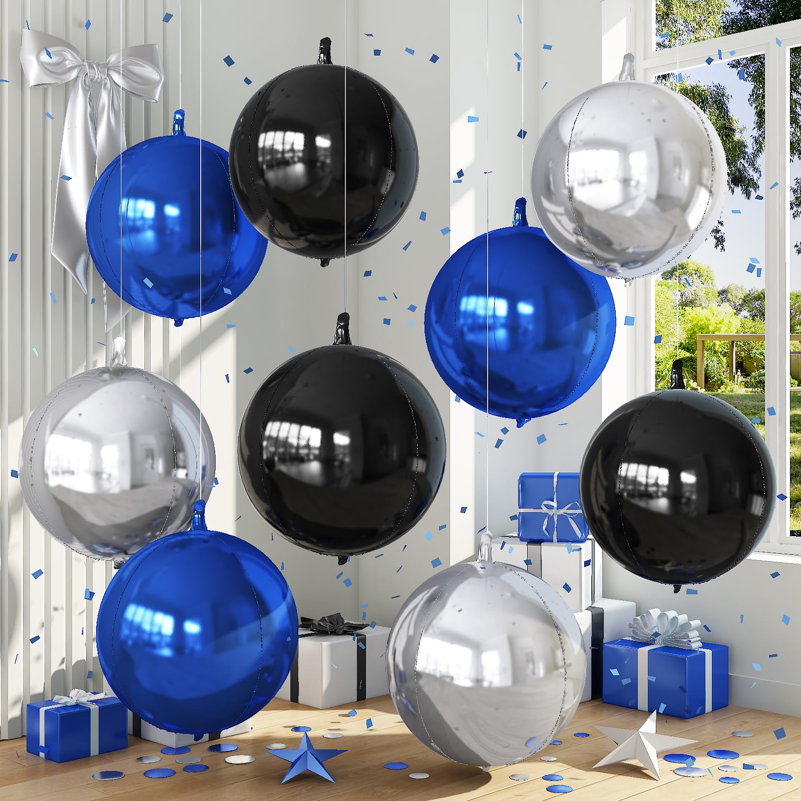 Froova 9 Pcs Black Blue Silver Round Foil Balloons Black Royal Navy Blue Metallic Silver Chrome 4D Ball Balloons 22 In Orbz Mylar Balloon for Graduation Grad Birthday Anniversary Party Decorations