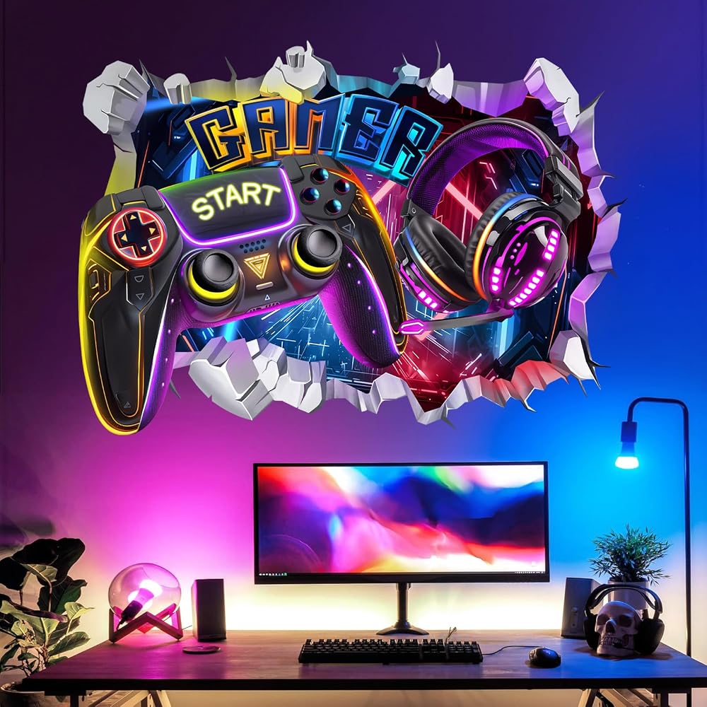 decalmile Large 3D Gaming Wall Stickers Controller Joystick Wall Decals