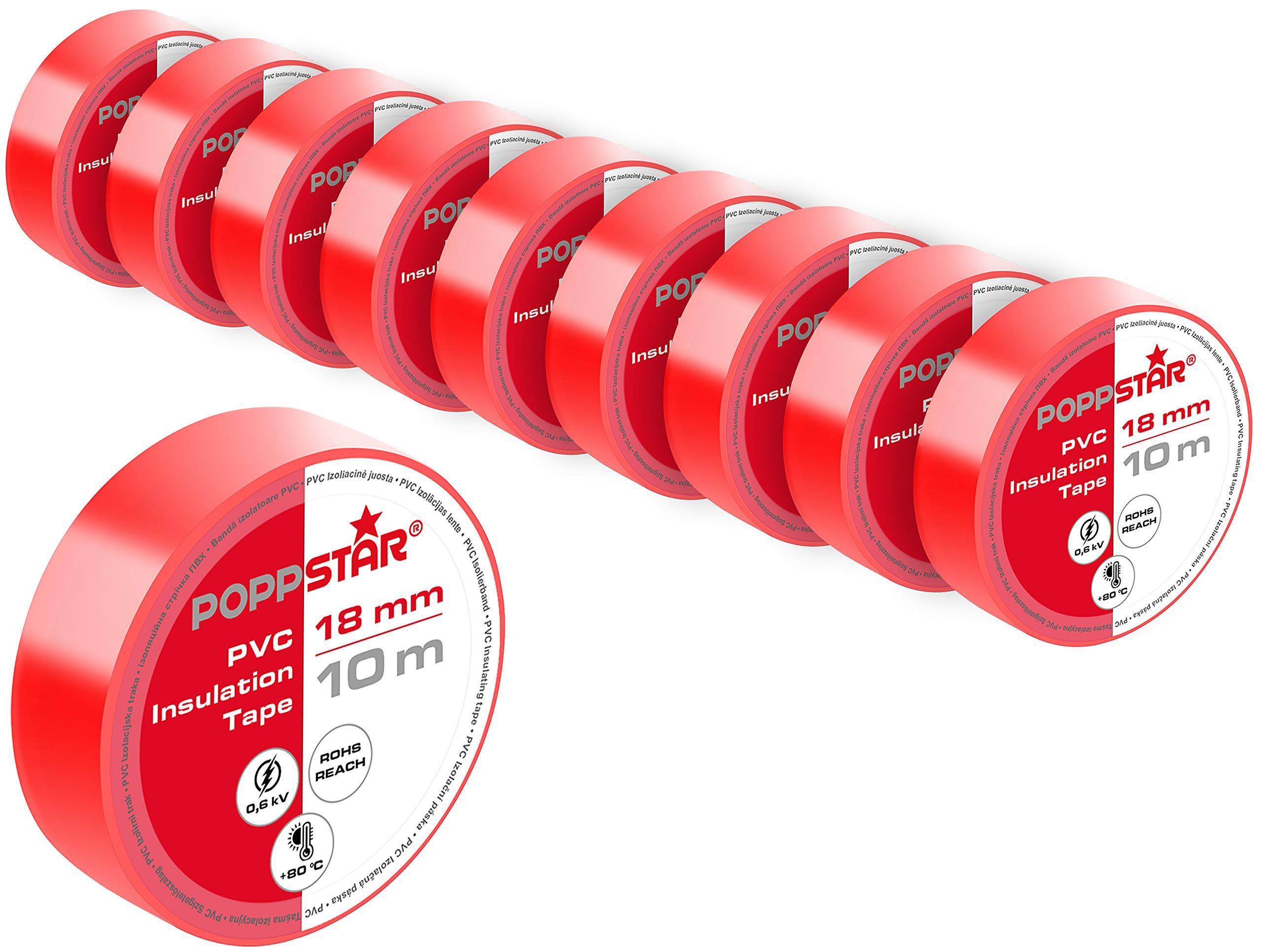 POPPSTAR PVC insulating tape 10m (18mm wide, 0.18mm thick), red, 10 rolls