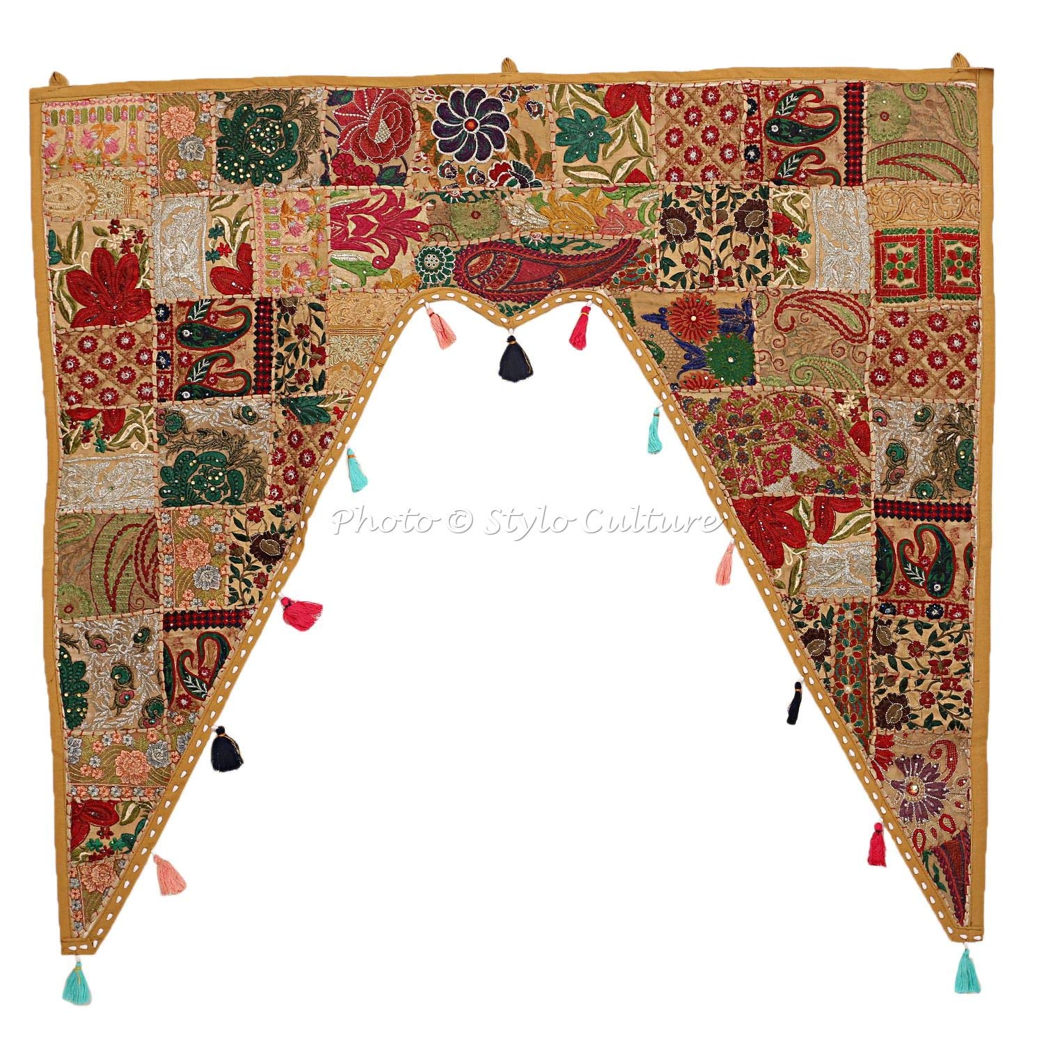 Stylo Culture Ethnic Cotton Swag Curtain Large Door Valance India Khaki Vintage Embroidered Patch Work Floral Scarf Curtain Topper Living Room Window Covering Hanging Toran Gate | 45 x 41 Inches