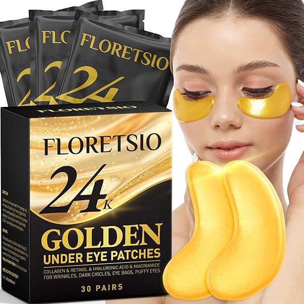 UNDER EYE PATCHES FOR DARK CIRCLES – 24K GOLD COLLAGEN COOLING GEL EYE MASK WITH RETINOL & HYALURONIC ACID, JET LAG SUPPORT, REDUCES PUFFY EYES & FINE LINES DELAYS AGING TREATMENT WOMEN/MEN(30 PAIRS)