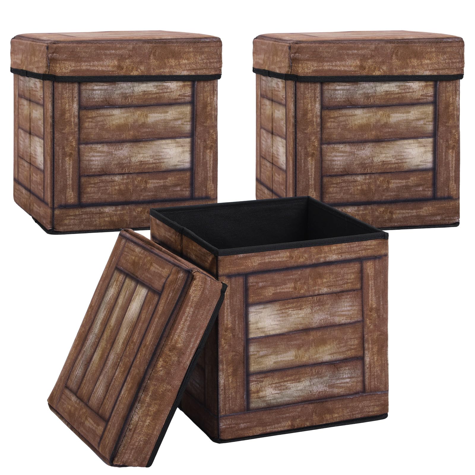 Photo 1 of Novabright 3 Pack Tree Stump Storage Stools 12 Inch Folding Wood Grain Boxes Stool Ottoman with Lid Collapsible Storage Box with Foam Cushion for Memorabilia, Closet, Office, Bedroom
