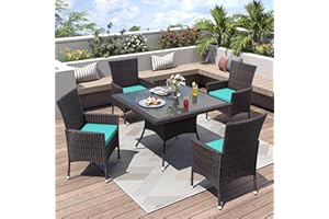 ALAULM 5 Piece Patio Dining Set All-Weather Wicker Outdoor Patio Furniture Set w/Tempered Glass Tabletop, Removable Cushions and Umbrella Hole for Patio, Backyard, Garden, Poolside（Blue）