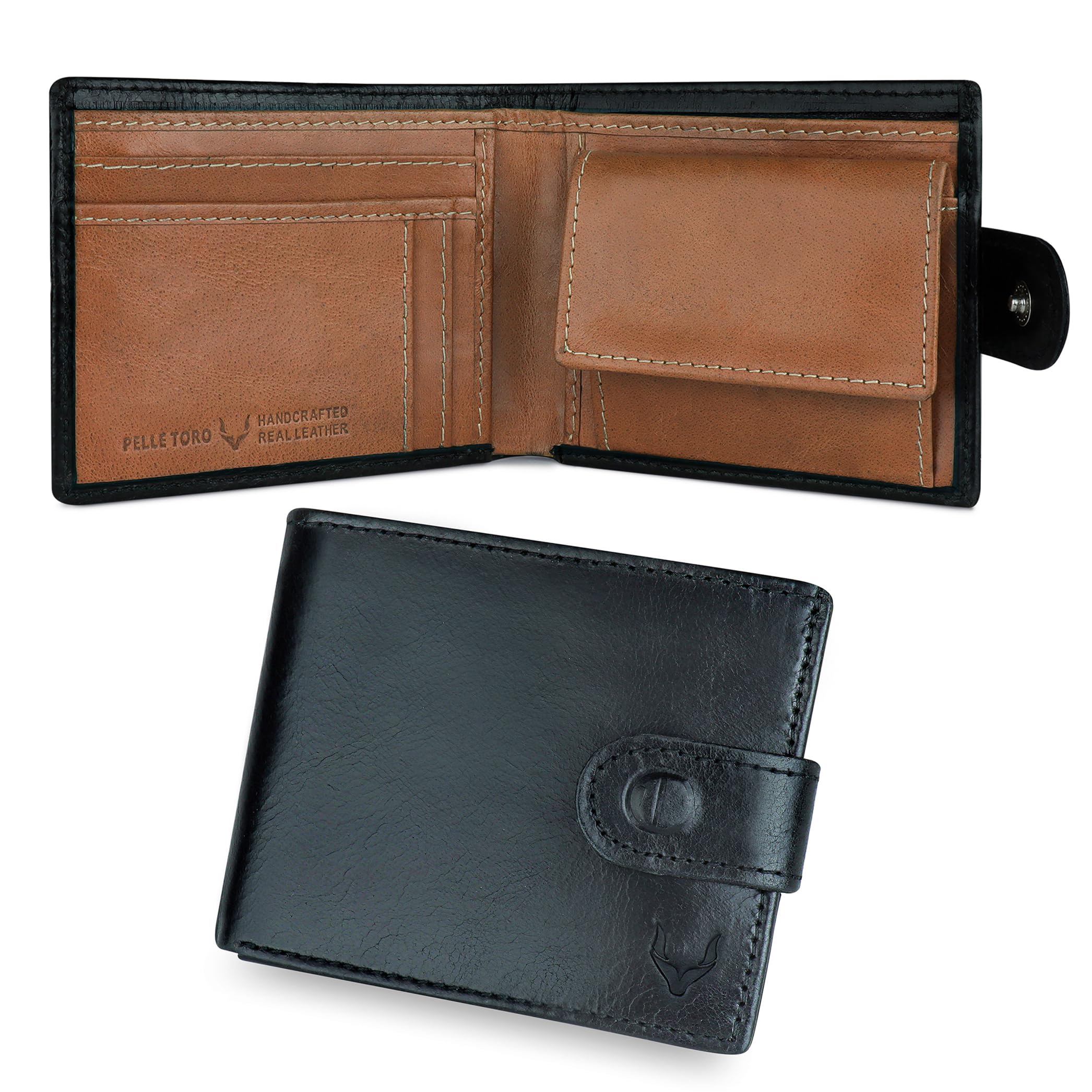 Pelle Toro All-in-One Handmade Mens Wallet with RFID Blocking, Coin Pocket, 8 Card Slots, Zip Section, in Wooden Gift Box, Black & Brown