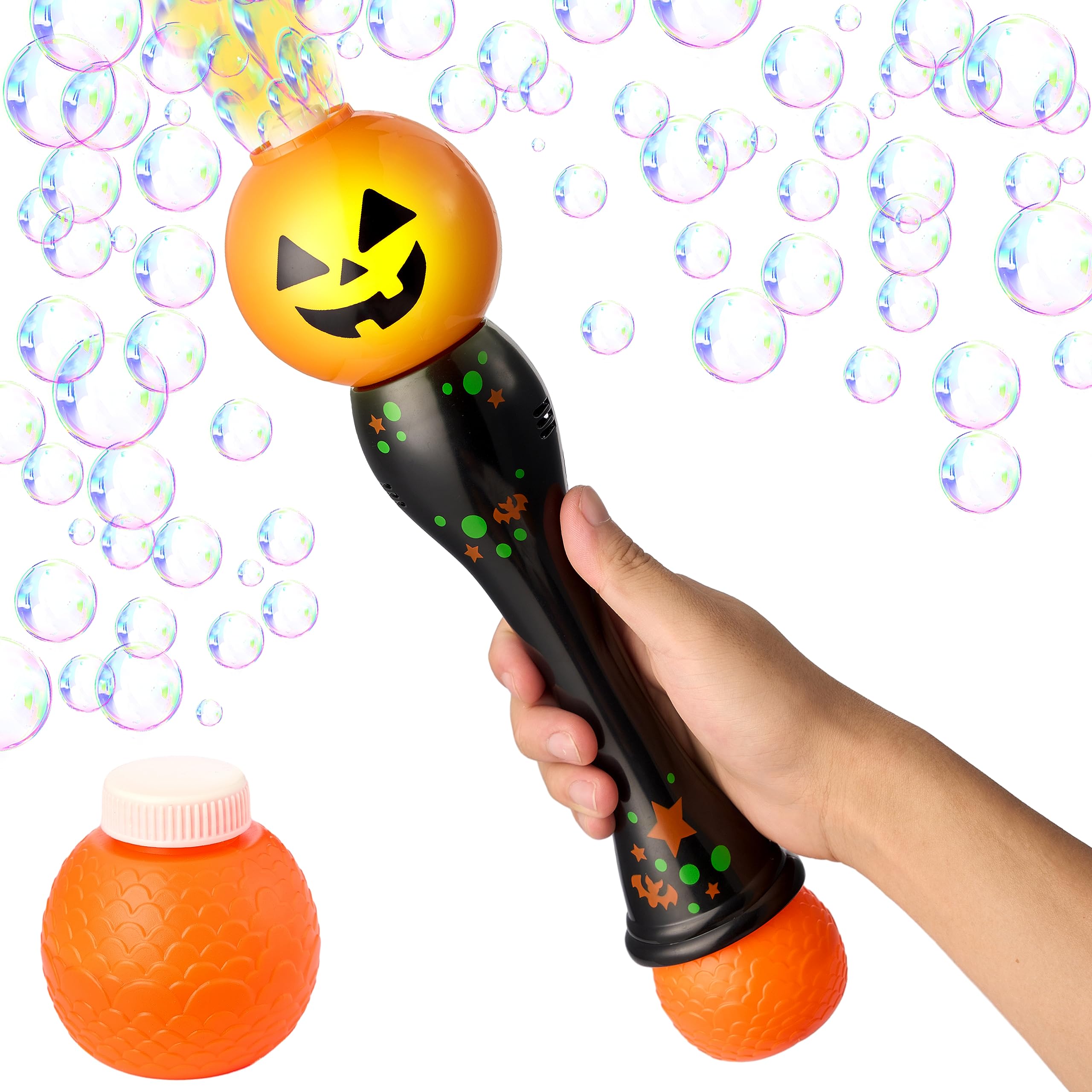 Photo 1 of ***MISSING BUBBLE LIQUID*** JOYIN Halloween Glowing Pumpkin Bubble Blower Wand, Light Up Automatic Bubble Machine with 2 Bubble Solutions, Halloween Party Favors Toys, Kids Outdoor Toys
