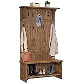 Alaterre Furniture Bethel Entryway Organizer – 70 Inch Hall Tree with Bench, Storage Shelves & Metal Coat Hooks – Rustic Farm