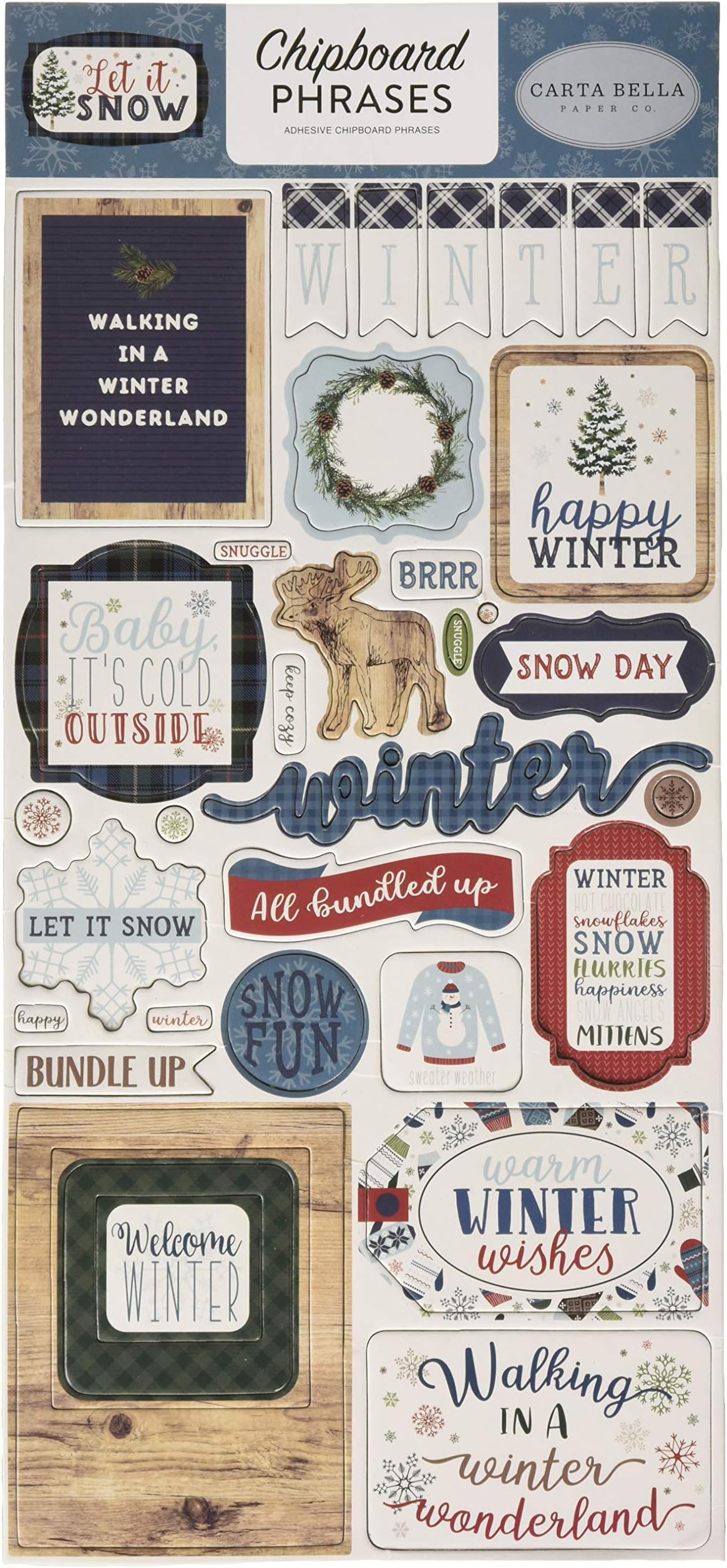 Carta Bella Paper Company Let It Snow 6x12 Phrases chipboard, red, Blue, Navy, Green, White