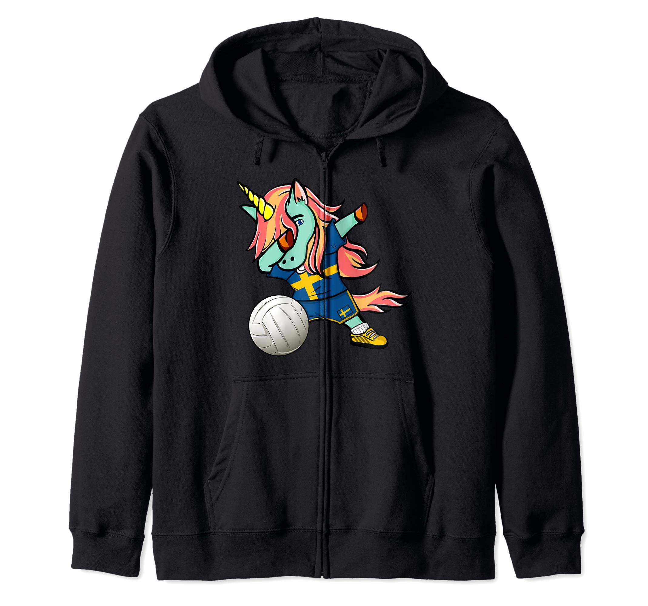 Dabbing Unicorn Sweden Volleyball Lovers Jersey Swedish Flag Zip Hoodie