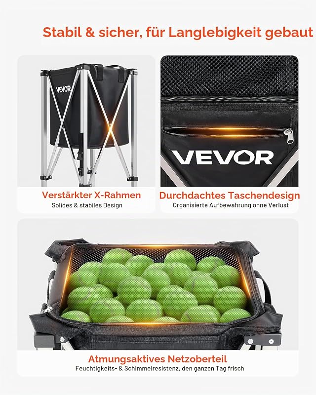 Tennisballwagen Faltbar, Tennisballkorb für 200 Tennisbälle, Klappbarer Ballwagen mit Rahmen aus Edelstahl & Tragetasche, Mobiler Ballkorb mit Rollen für Training Verein Aufbewahrung, Schwarz