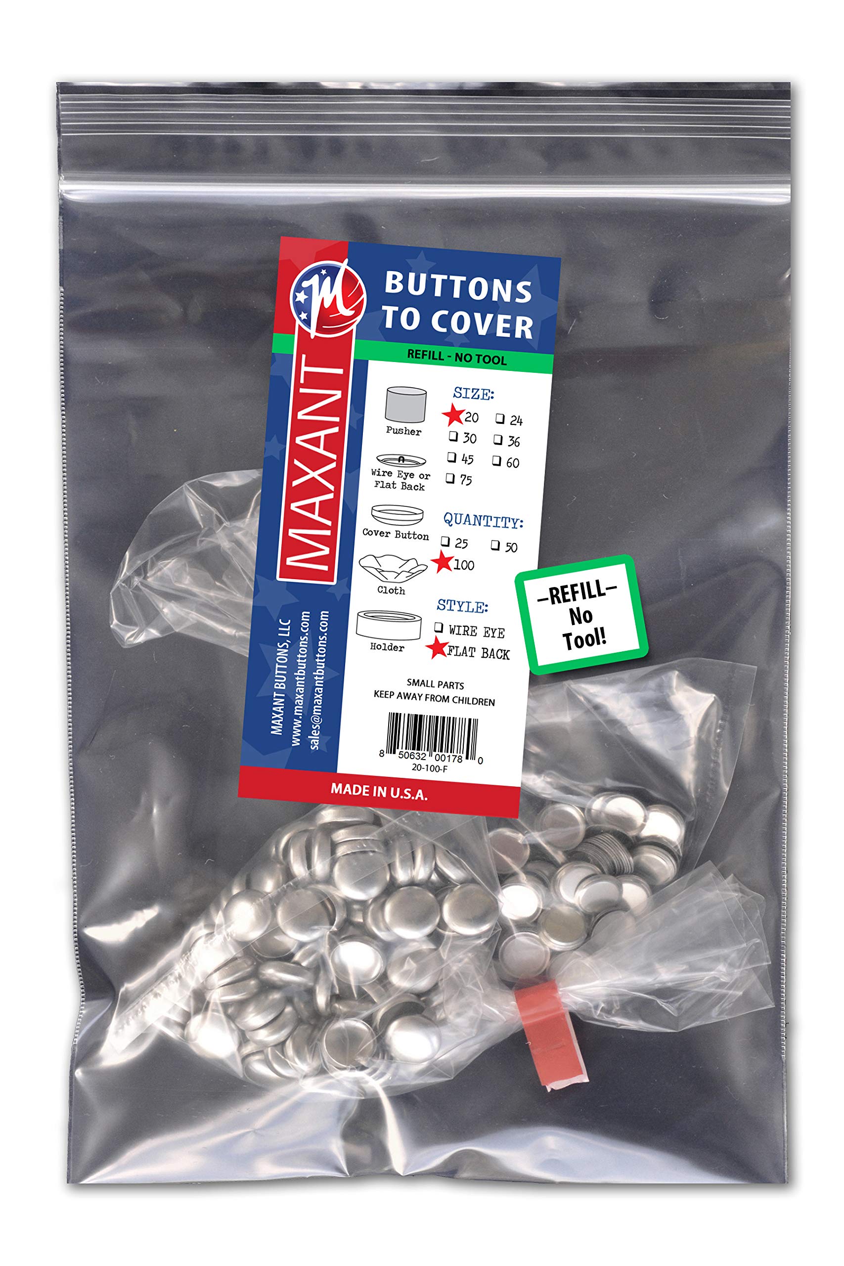 100 Cover Buttons by Maxant - Made in the USA - #20 (1/2") with Flat Backs, Ideal for Crafting. NO Tool.