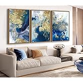 Large Abstract Framed Wall Art - Natural Float Framed Colorful Canvas Pictures Decor Blue Gold White Background Modern Artwork for Bedroom Living Room Kitchen Home Office Decoration 48" X 24" Set of 3