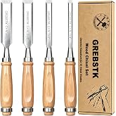 GREBSTK 4 Piece Wood Chisel Set CR-V Steel Sharp Bevel Edge for Woodworking | Chromium Vanadium, Hard &amp; Durable. Ergonomic Beech Handle. 1/4", 1/2", 3/4", 1" With Safety Caps for Carving &amp; DIY