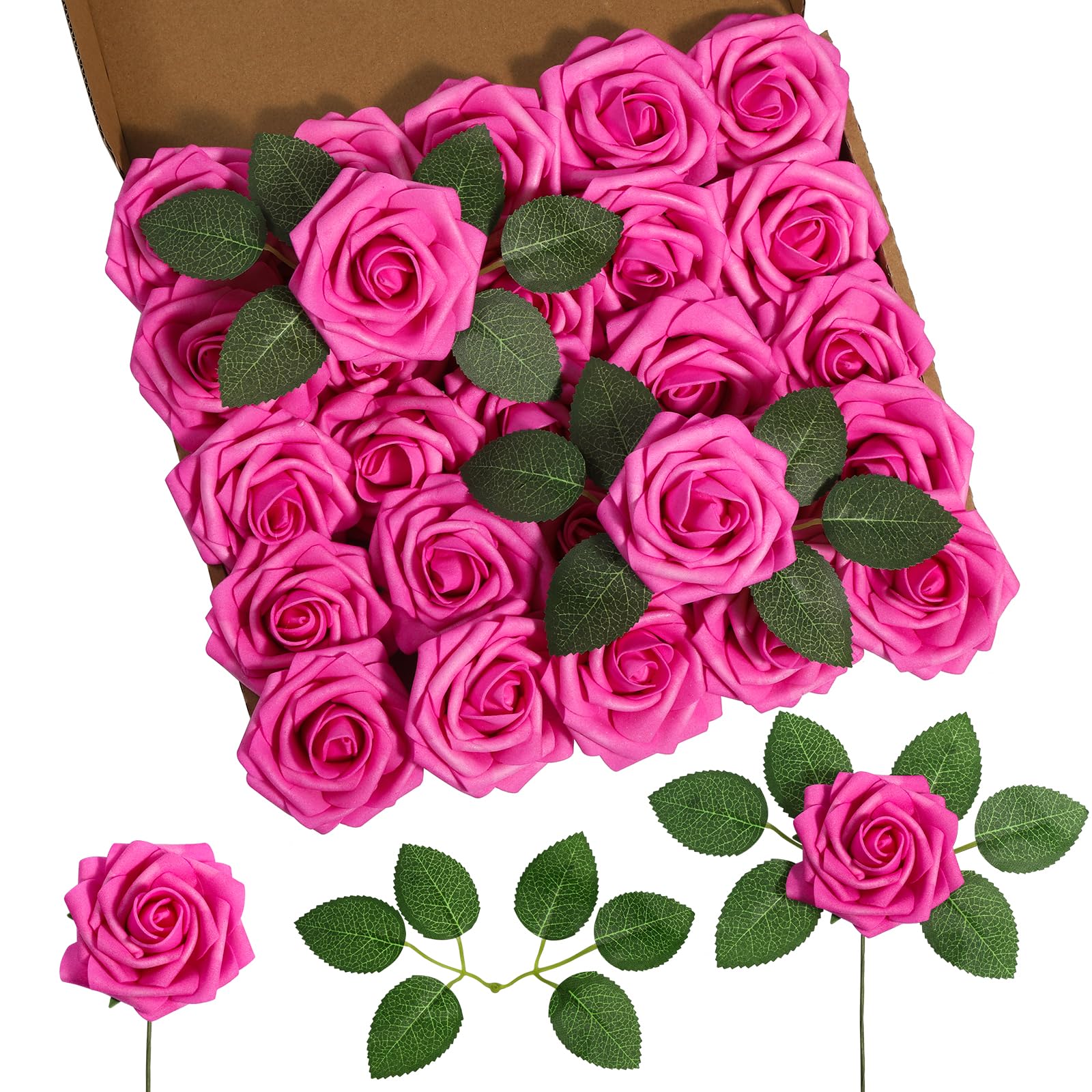 DuHouse 25Pcs Artificial Roses Flowers Fake Rose with Stems Real Touch Foam Flower Head for DIY Wedding Bridal Bouquet Baby Shower Centerpiece Floral Arrangement Party Home Decor(Hot Pink)