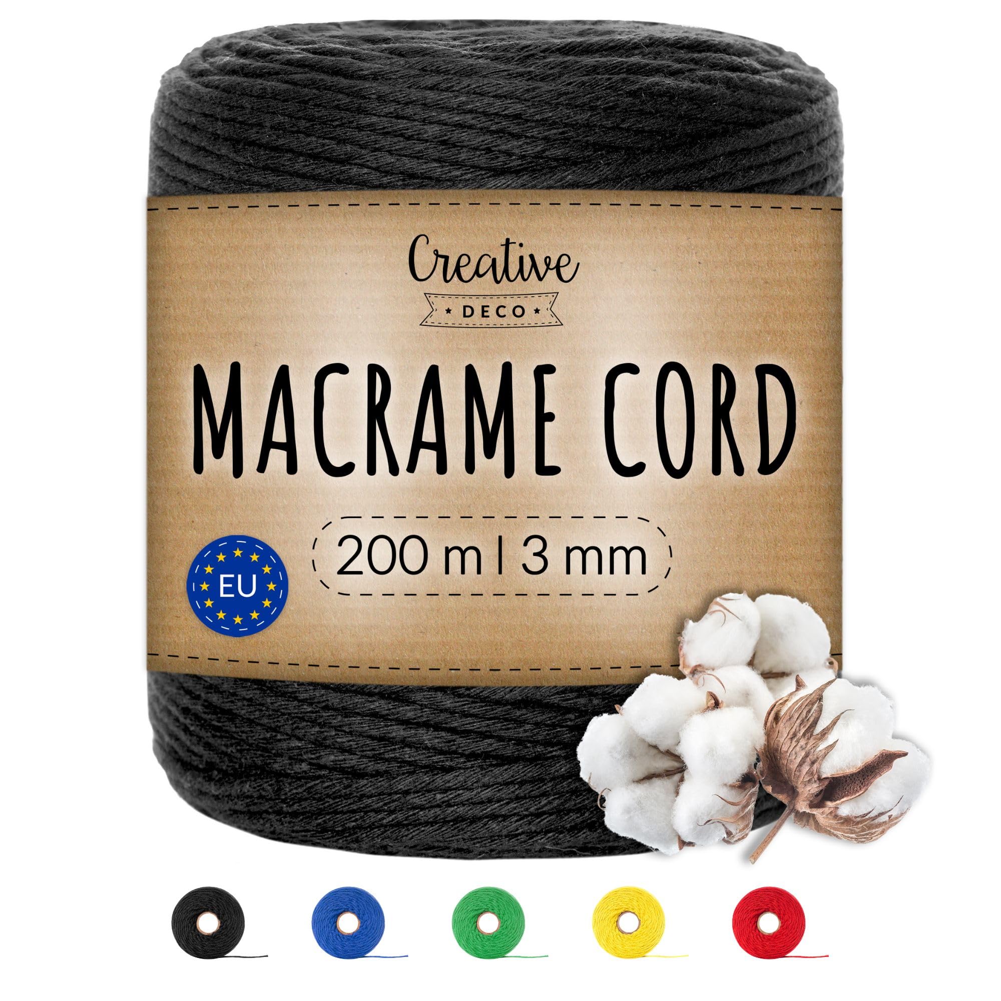 Creative Deco 656 Feet Black Macrame Cord | 200m | 3mm Thick | Cotton Rope 15 Ply String Yarn Twine Elastic Cord | for Easter, Art and Craft, DIY, Knitting, Gift Wrapping, Wall, Plant Hanger | Strong