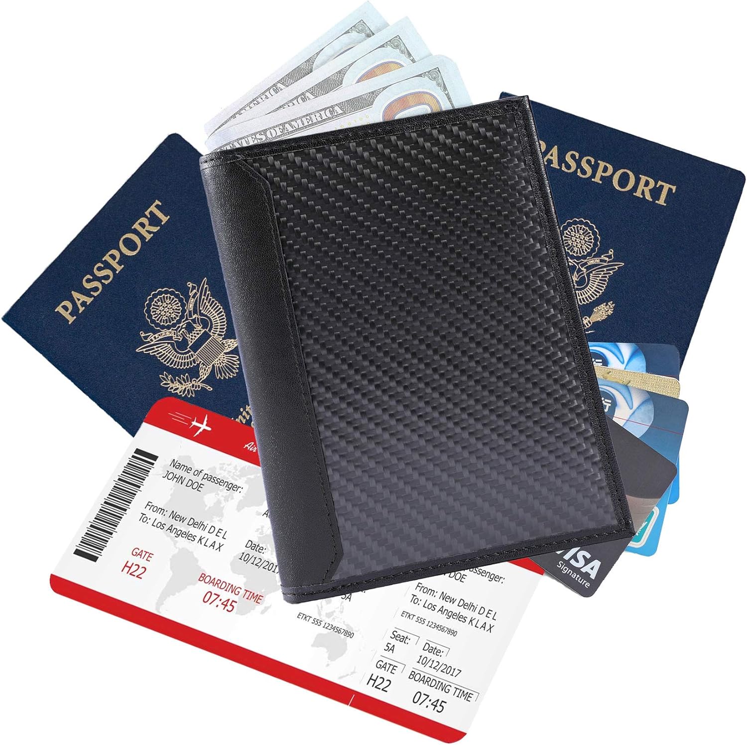  | Carbon Leather Passport Holder RFID Blocking Technology Wallet - Slim, Minimalist Sleeve Wallets for Passports, Credit Cards, ID, Money - For Travel, Black Matte | Passport Wallets