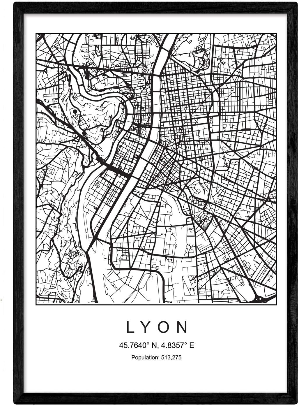 Nacnic Prints Lyon City Map Nordic Style - Set of 1 - Unframed 11x17 inch Size - 250g Paper - Beautiful Poster Painting for Home Office Living Room