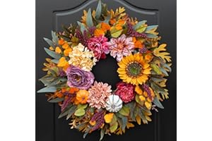 24 Inch Fall Wreath for Front Door Outside– Pinkpuii Autumn Wreath with Sunflowers,Pumpkins,Peony,Hydrangeas,Dahlias & Eucalyptus – Thanksgiving Harvest Farmhouse Door Decor for Indoor Outdoor Use