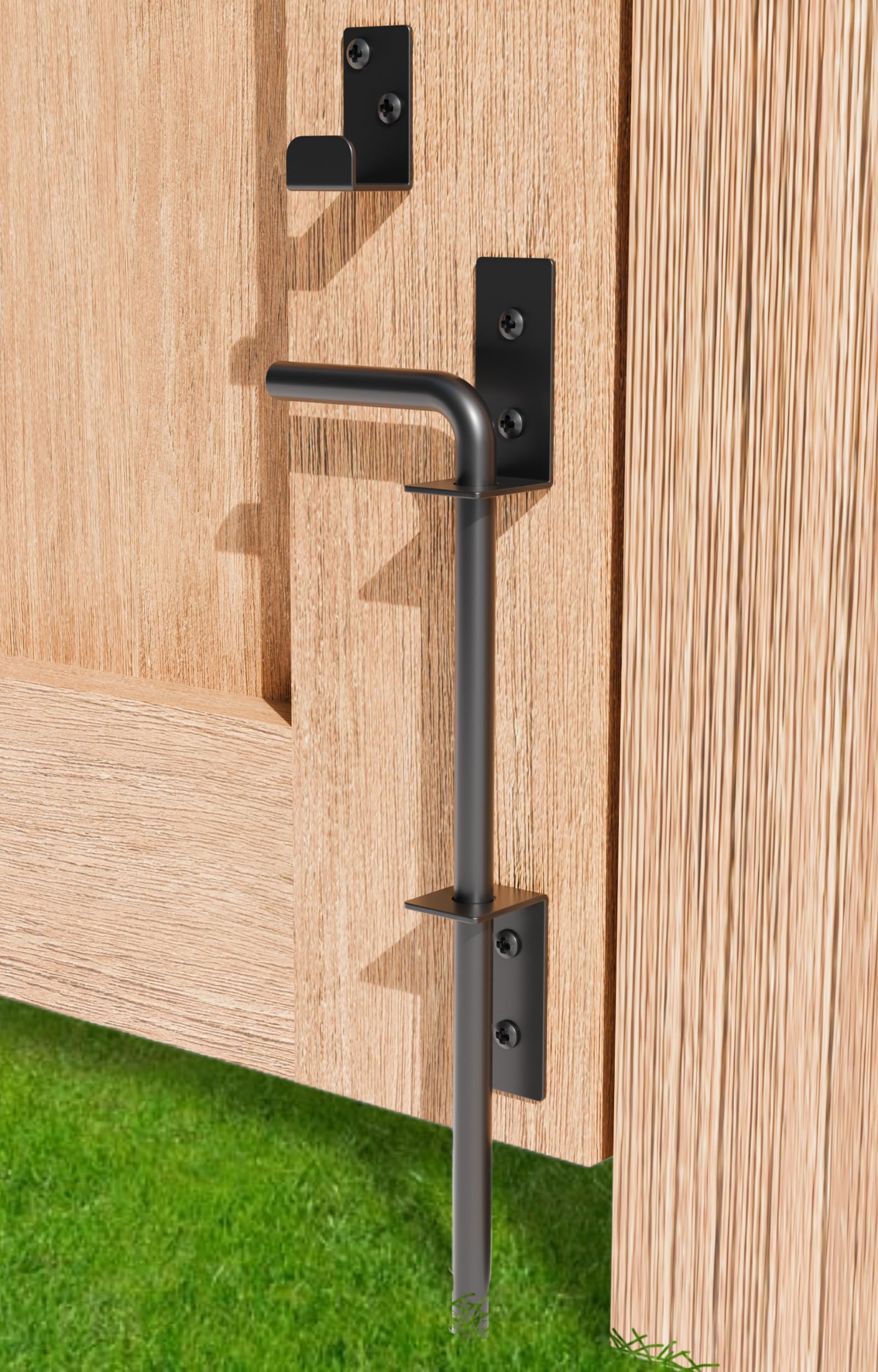 Photo 1 of 12" Heavy Duty Cane Bolt Gate Drop Rod Extra Thick Hardware Ground Latch for Wood PVC Vinyl Metal Fences Gates, Double Doors, Black Solid Steel-1 Pack