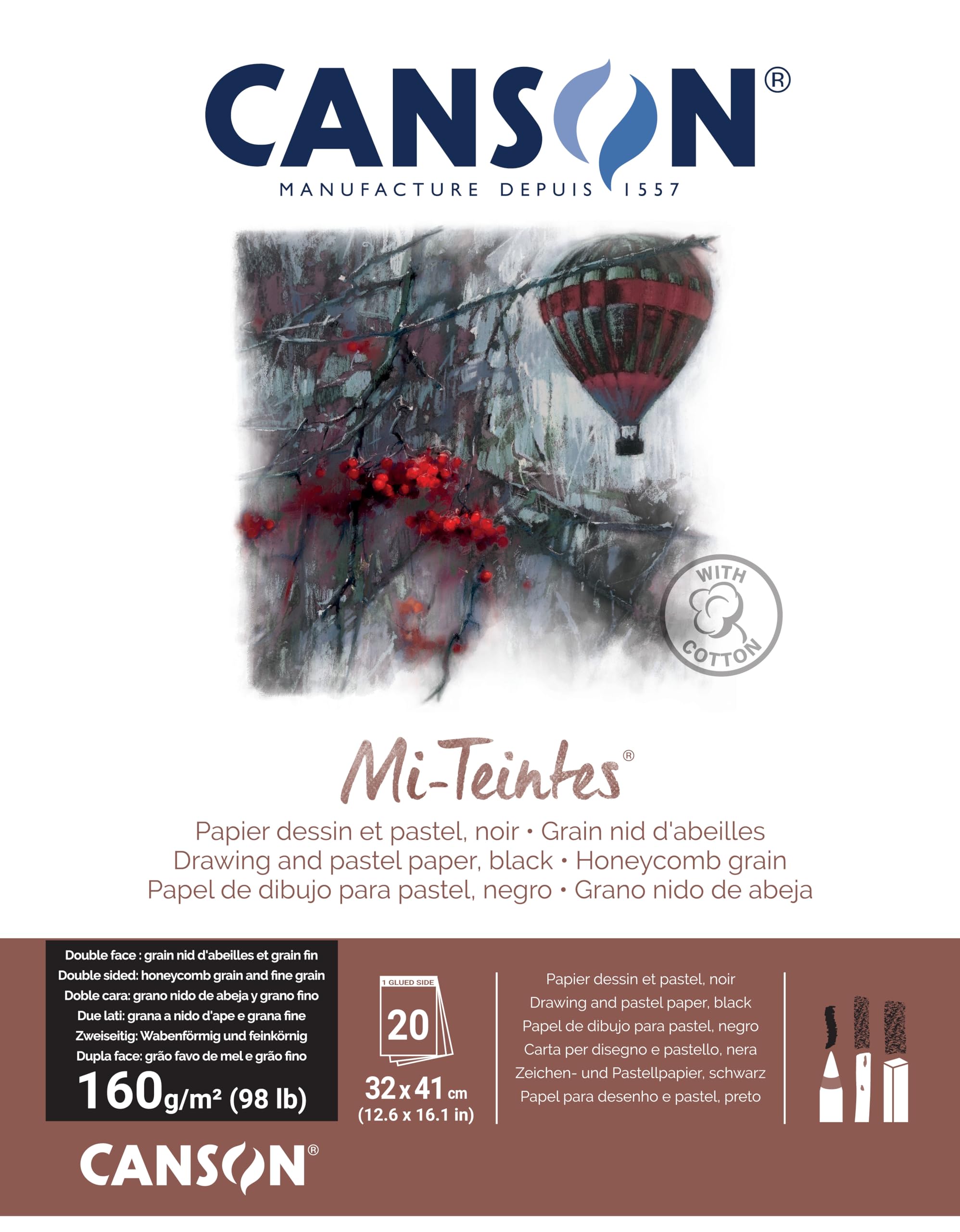 CANSON Mi-Teintes Coloured Drawing 160gsm 32x41cm Paper Pad, Double Sided: Honeycomb & Fine Grain, Pad Glued Short Side, Black, 20 Sheets, For Professional Artists & Illustrators