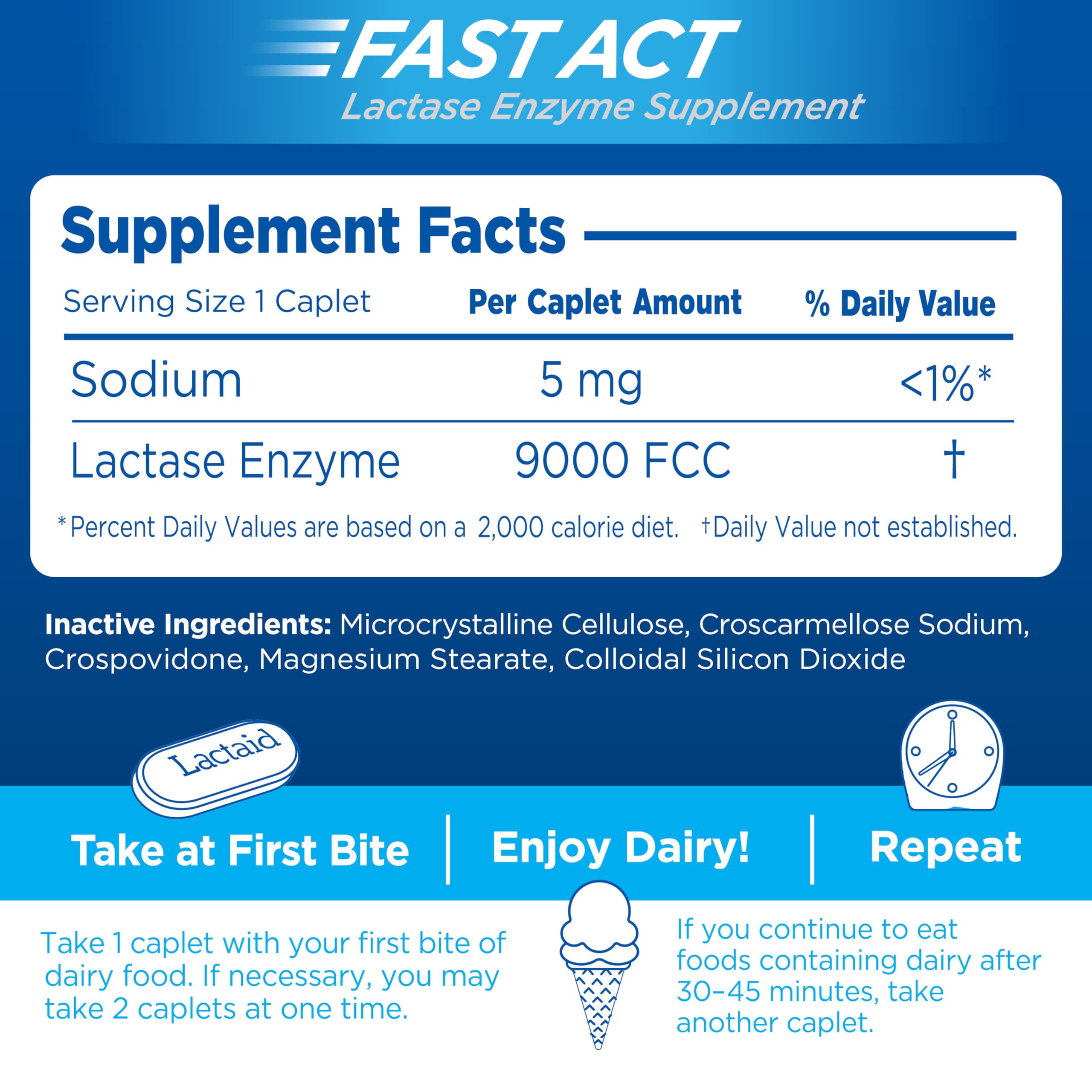 Lactaid Fast Act Lactose Intolerance Relief Caplets, Lactase Enzyme to Prevent Gas, Bloating and Diarrhea Due to Lactose Sensitivity, Single-Serve Supplements for Travel and On-The-Go, 60 Count