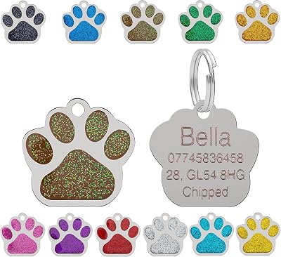 LARRYROO Personalised Engraved Pet Tag 27mm Paw Glitter Stainless Steel