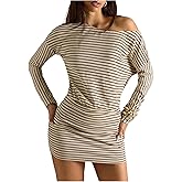 MakeMeChic Women's Striped Off The Shoulder Dress Long Sleeve Bodycon Mini Dresses