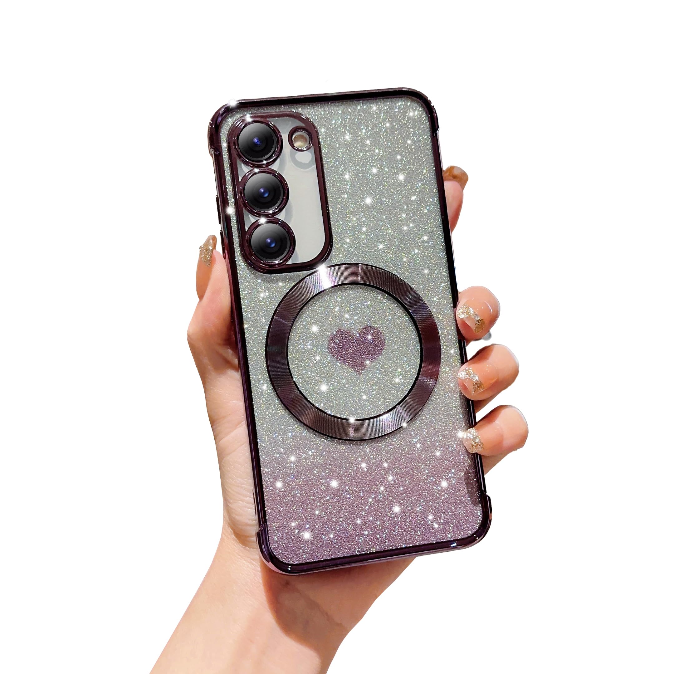 FABSPARK for Samsung Galaxy S24 FE Phone Case,Compatible with Magsafe,Magnetic Plating Glitter Gradient Cute Heart Clear Case,Camera Protection for Samsung Galaxy S24 FE 6.7 Inch,Purple