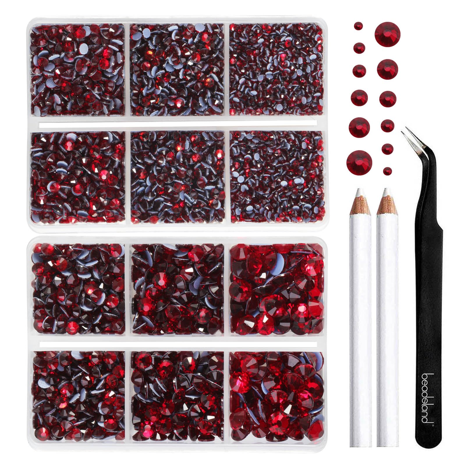 BEADSLAND Hotfix Rhinestones, 6080PCS Dark Red Rhinestones for Clothes Crafts Mixed 6 Sizes with Wax Pencil and Tweezers Kit, SS6-SS30, Dark Siam