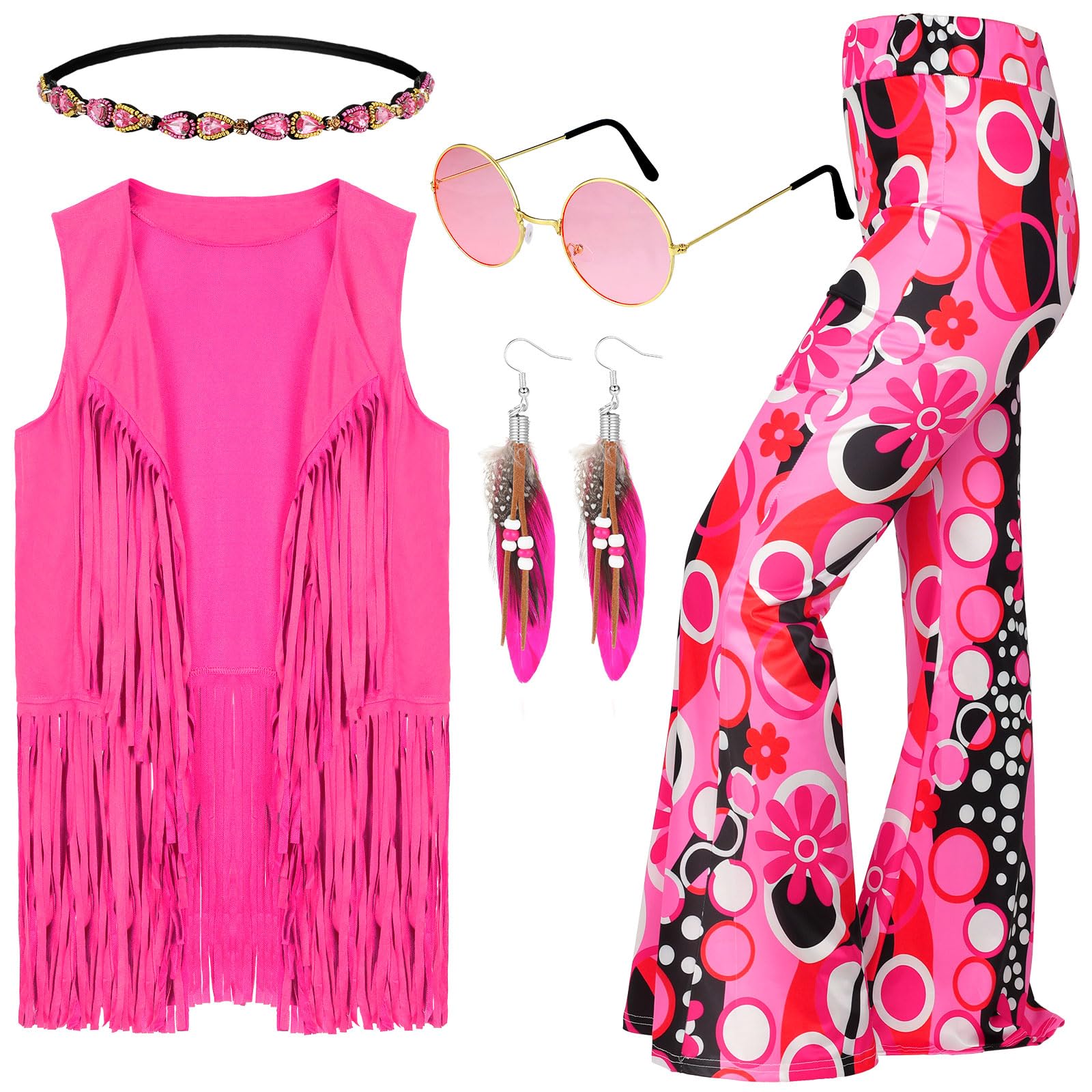 Photo 1 of Leumoi 5 Pcs 60s 70s Costume for Women Disco Outfits Hippie Accessories Fringe Vest Boho Flared Pants Set for Halloween(XX-Large,Sweet)