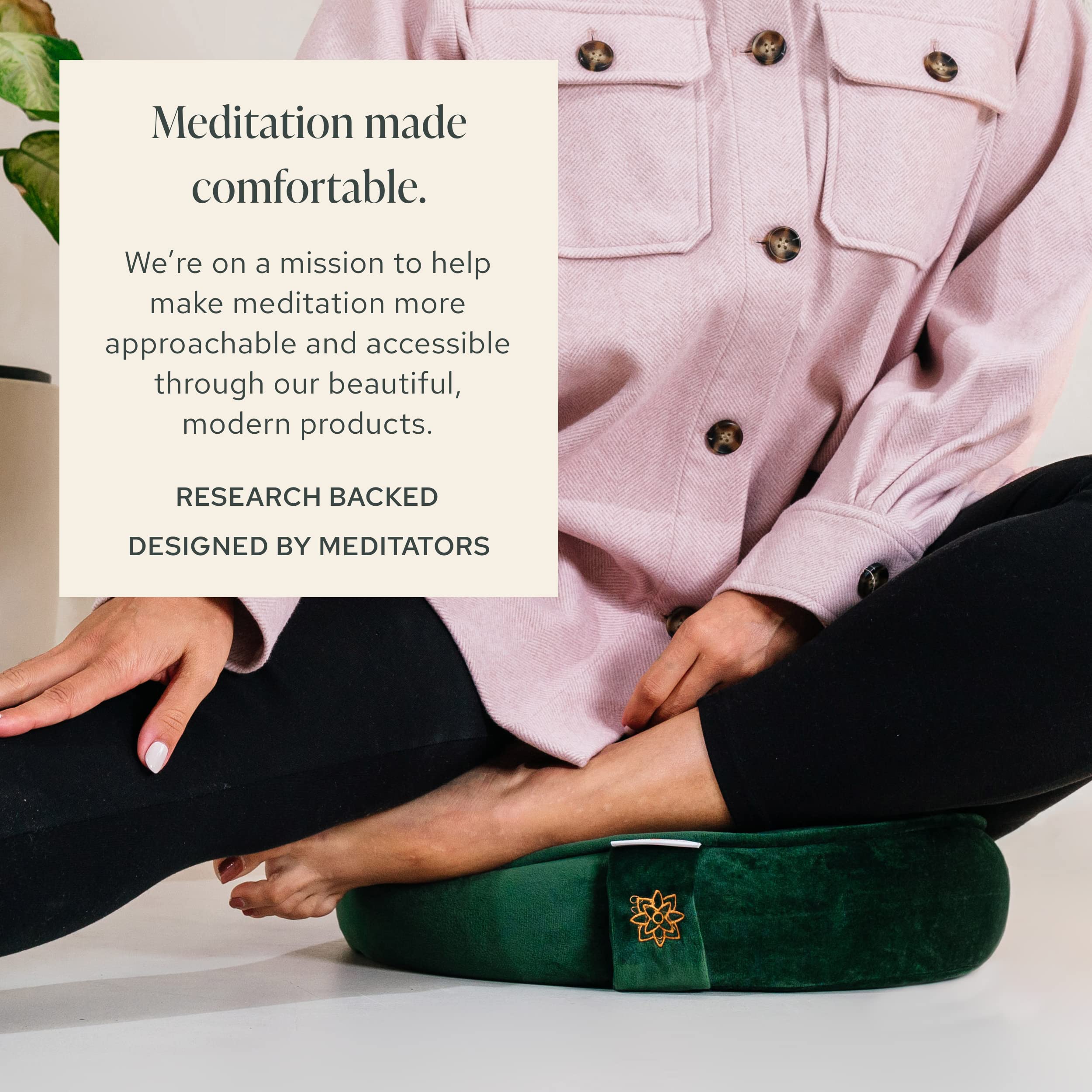 Mindful & Modern Velvet Meditation Cushion | Luxe Zafu Yoga Floor Pillow Seat | Posture Support | Buckwheat Hull Filled | Large Round Cushion with Removable Washable Cover + Carry Handle | Color Green - Image 8