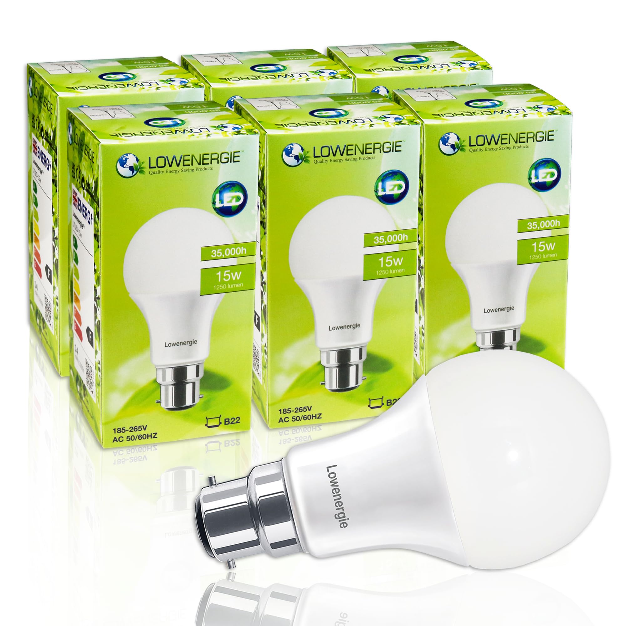 LOWENERGIE LED Light Bulb 15w B22 A65 GLS Energy Saving Lamp (Warm White 3000K (Warm White 3000K, 6)