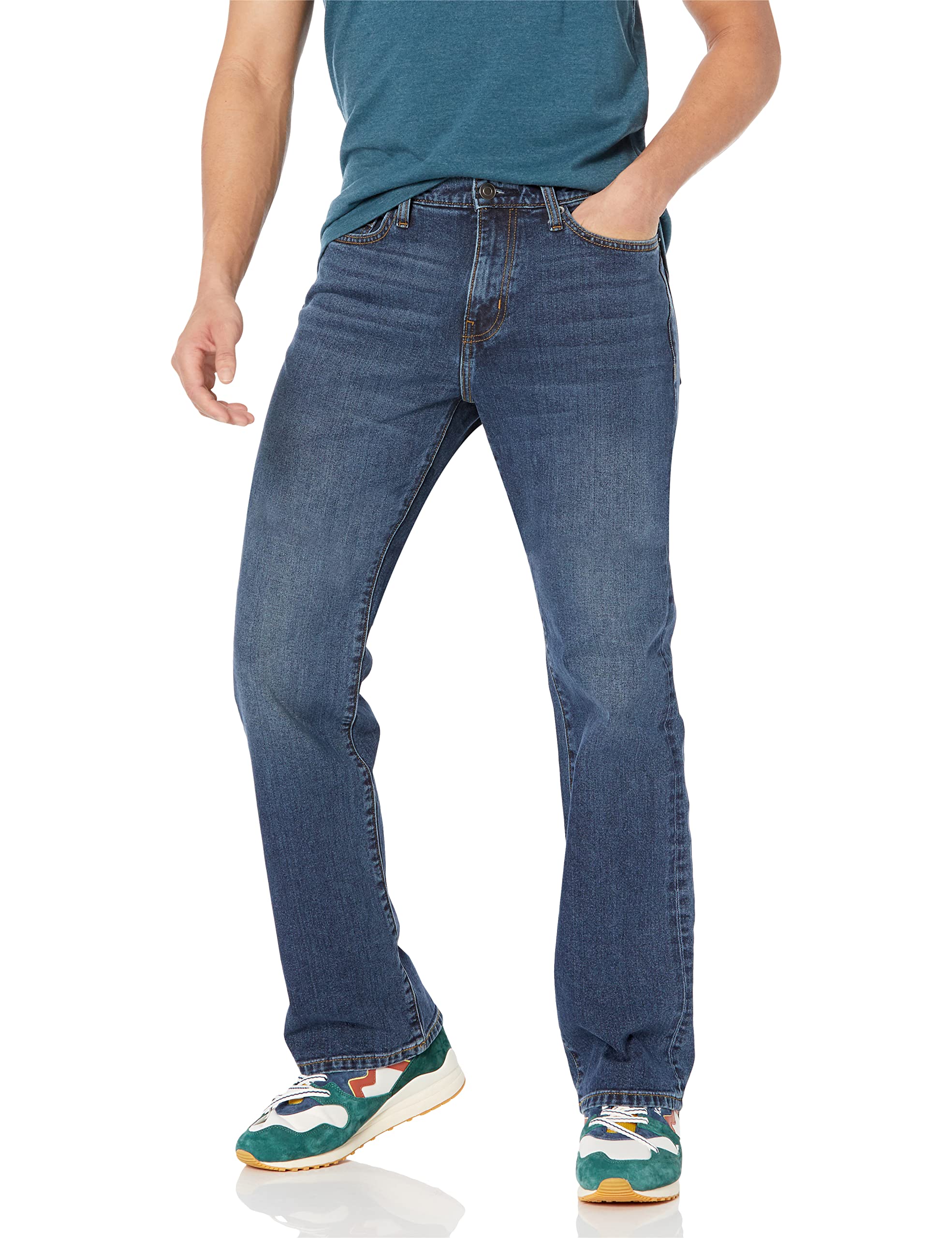 Photo 1 of Amazon Essentials Men's Straight-Fit Bootcut Jean - Discontinued Colors, Medium Wash, 34W x 32L has paint on it