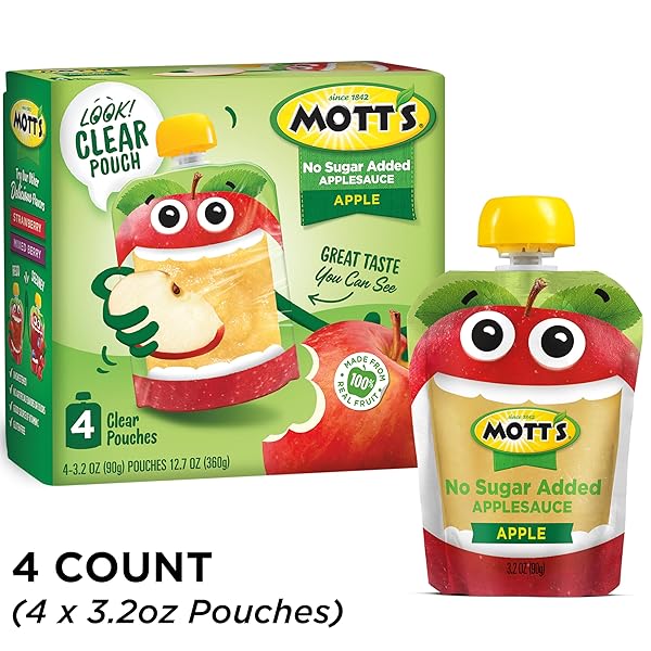 MOTT’S NO SUGAR ADDED APPLESAUCE, 3.2 OZ CLEAR POUCHES, 4 COUNT
