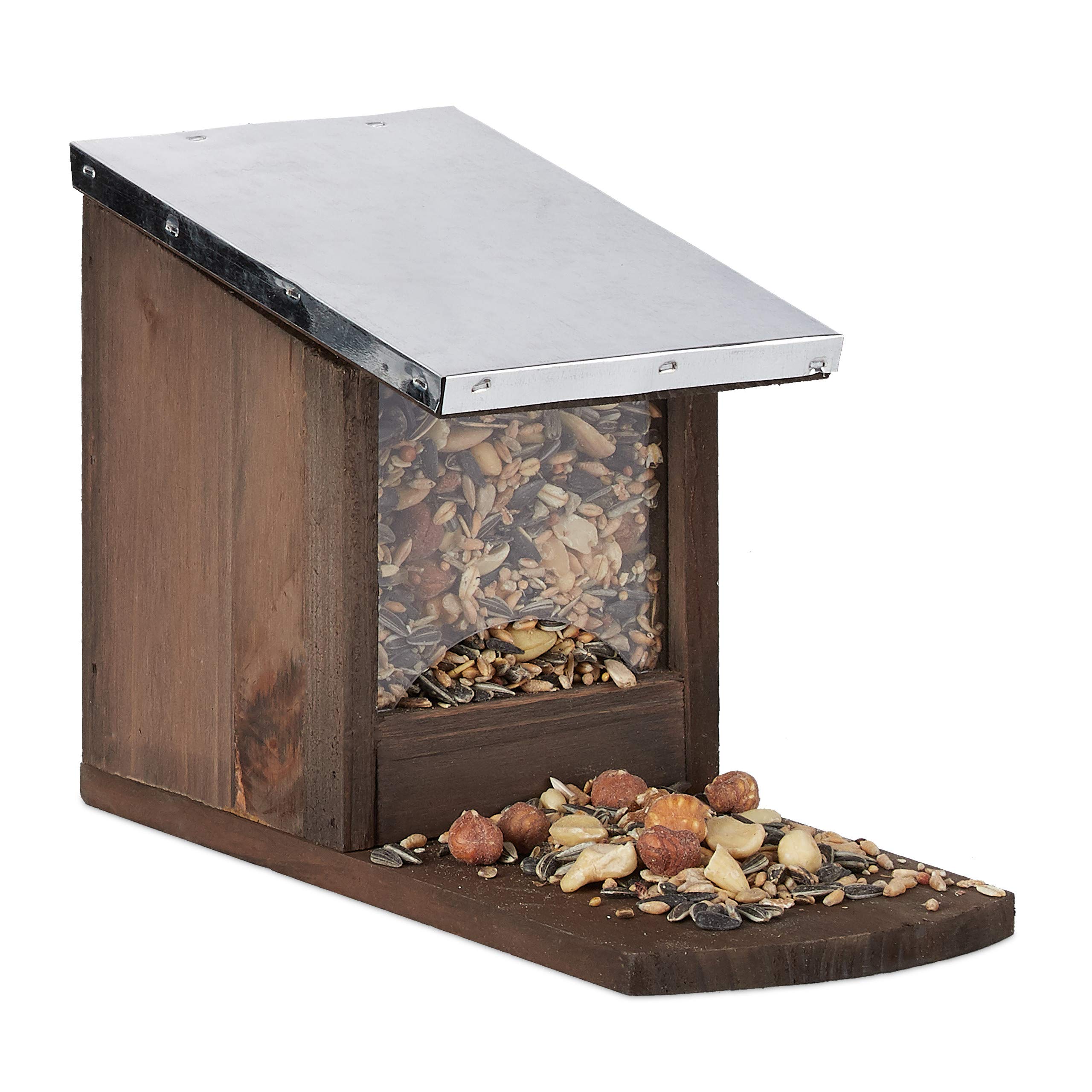 Relaxdays Squirrel Feeder, Wooden Feeding Station, Weatherproof Metal Roof, Standing, Squirrel Shack, Dark Brown