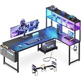 ODK 53" L Shaped Gaming Desk with Shelves, LED &amp; Outlets, Black | Hook for headset, bag for gear. Shelves for books &amp; supplies. LED for gaming nights. Reversible. Home office computer desk.