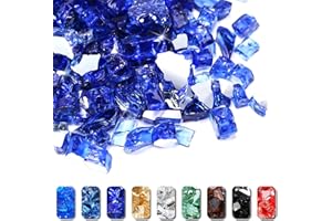 Grisun Blue Fire Glass for Fire Pit - 1/2 Inch High Luster Reflective Tempered Glass Rocks for Natural or Propane Fireplace, Safe for Outdoors and Indoors Firepit Glass, 10 Pounds