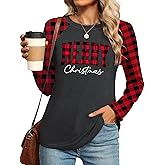 ELDPS Christmas Shirts for Women: Merry Christmas Shirt Xmas Tree Tshirt Holiday Long Sleeve Plaid Tops Blouse