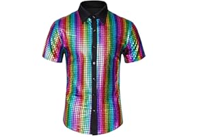 BONGZUO Mens 70s Shirt Short Sleeve Sequin Button Down Top Party Disco Outfit