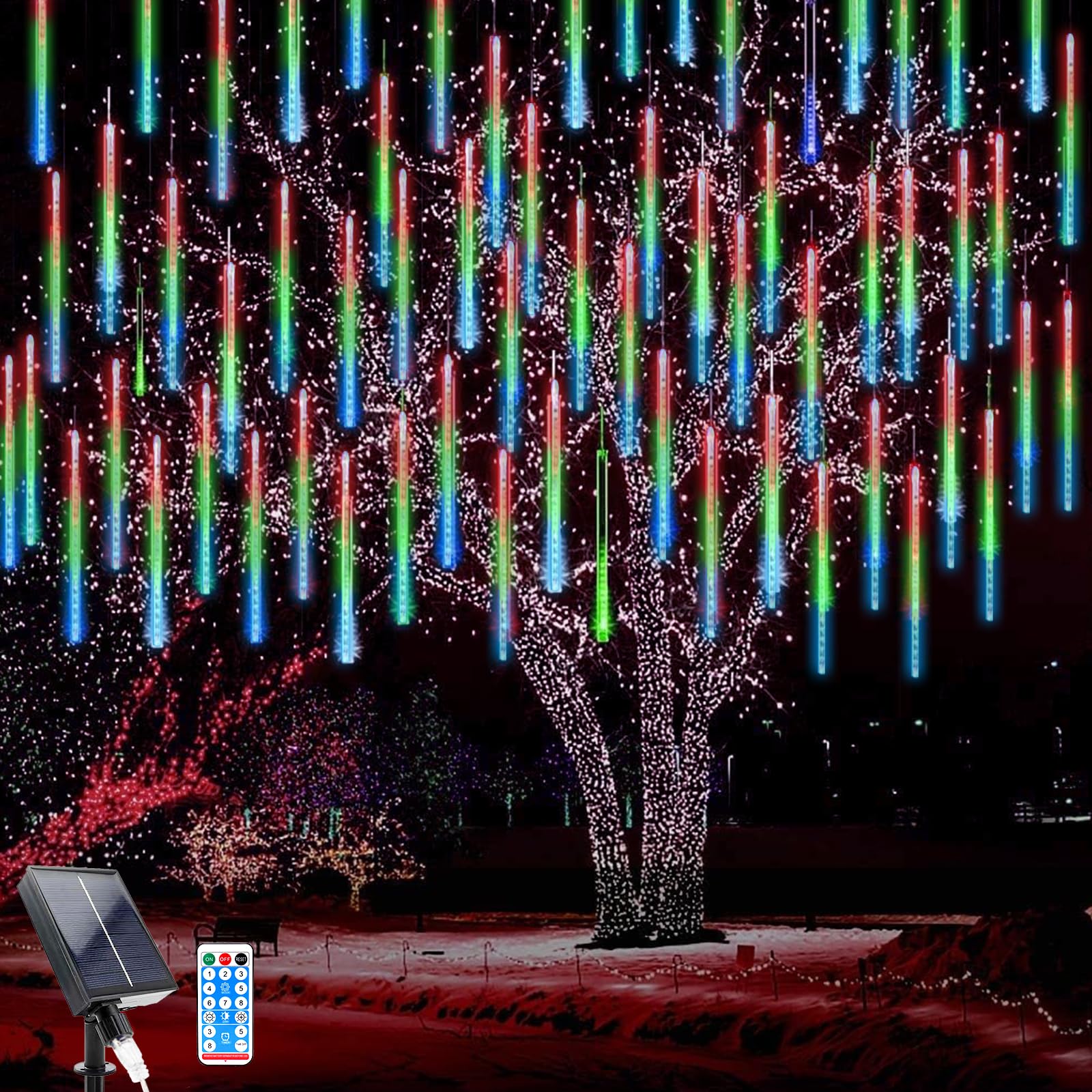 WoskjXas Solar Meteor Lights, 11.8 Inch 10 Tubes 240LEDs Meteor Christmas Lights, Garden Decorative Meteor Light Waterproof with Remote Control for Decorating Home, Garden, Fence, Christmas