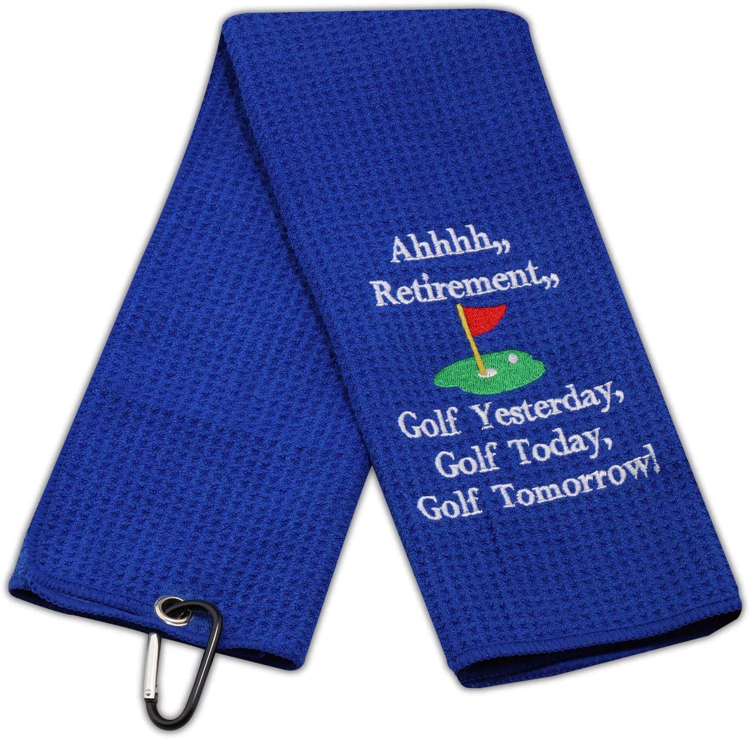 LEVLO Ahhhh Retirement Golf Yesterday Golf Today Golf Tomorrow Embroidered Golf Towel with Clip Golf Gift for Men (Blue-WH)