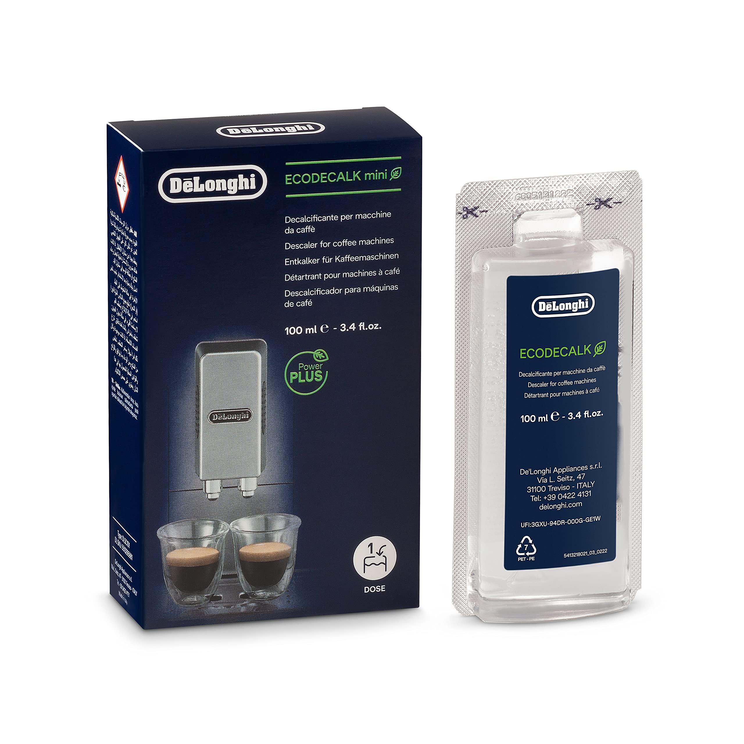 De'Longhi EcoDecalk Mini Descaler DLSC101, 1 Decalcification Dose, Coffee Machine Descaler, Coffee Machine Maintenance Accessory, Plant-Based Ingredients, 100ml