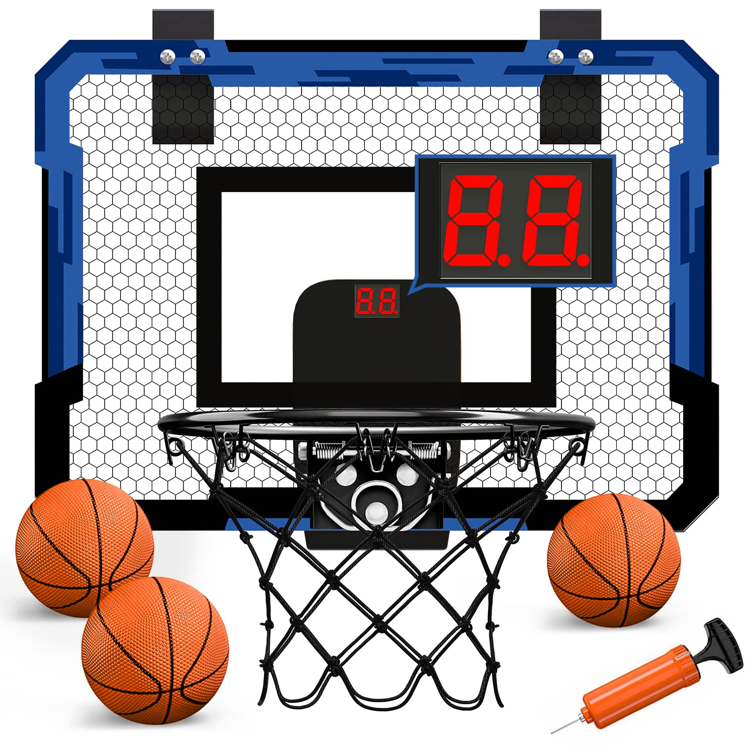 QDRAGON Mini Basketball Hoop for Door with Scoreboard, Indoor Basketball Hoop for Bedroom, with 3 Balls/Inflator/Breakaway Rim, Basketball Toy Gifts for Kids Boys Girls Adults, Blue