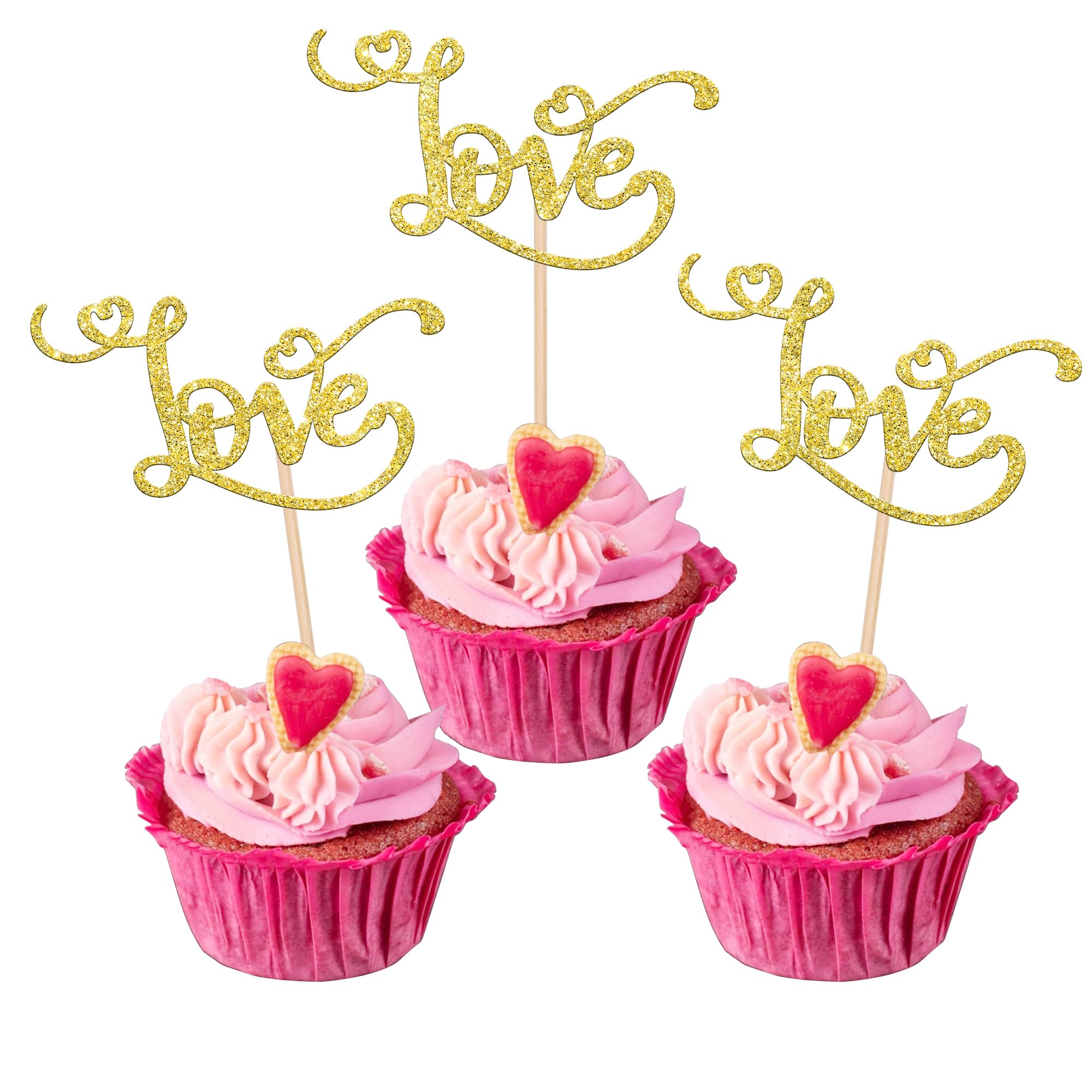 Xsstarmi 30 Pack Love Valentine's Day Cupcake Toppers Gold Glitter Love Heart Cupcake Picks Bridal Shower Cake Decorations for Valentine's Day Theme Wedding Engagement Anniversary Party Supplies