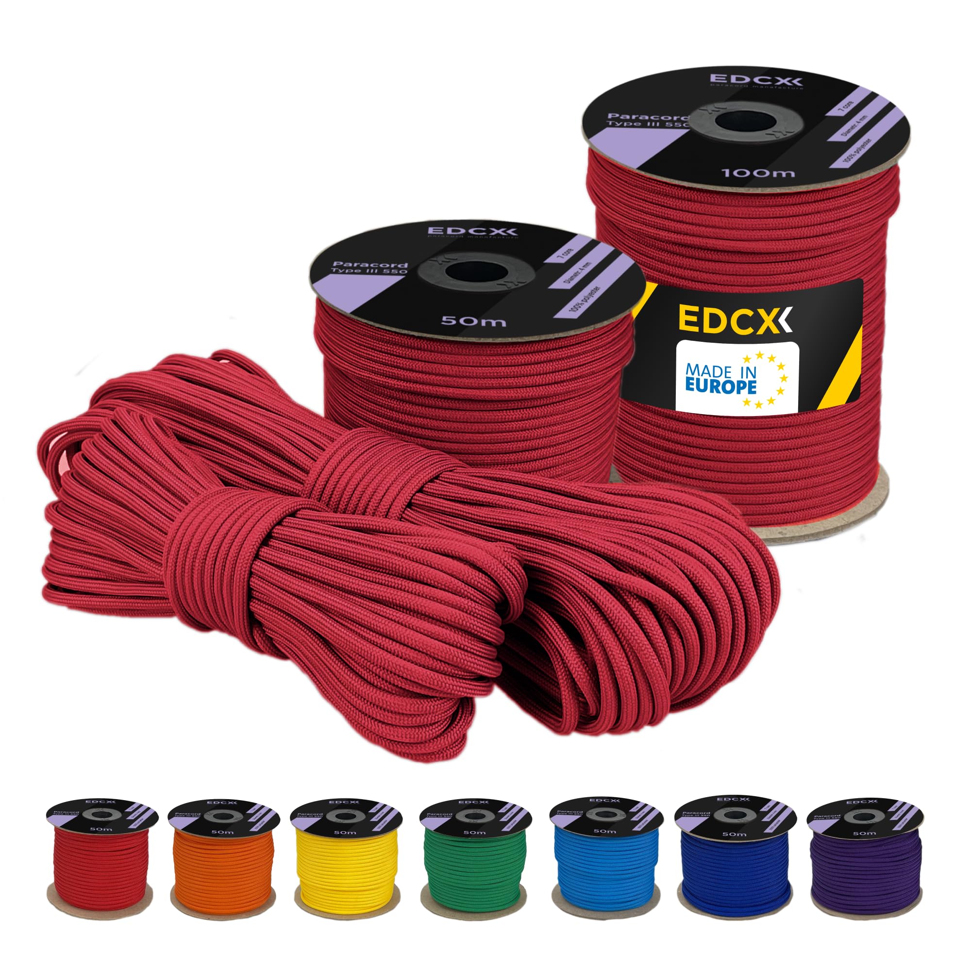 EdcX 4 mm Polyester Paracord 550 (15, 30 and 50 m) – 4 mm Type III, Tear-Resistant Parachute Cord for Survival Made of 100% Polyester with 7 Wires | Solid Colours (Red, 50 m)